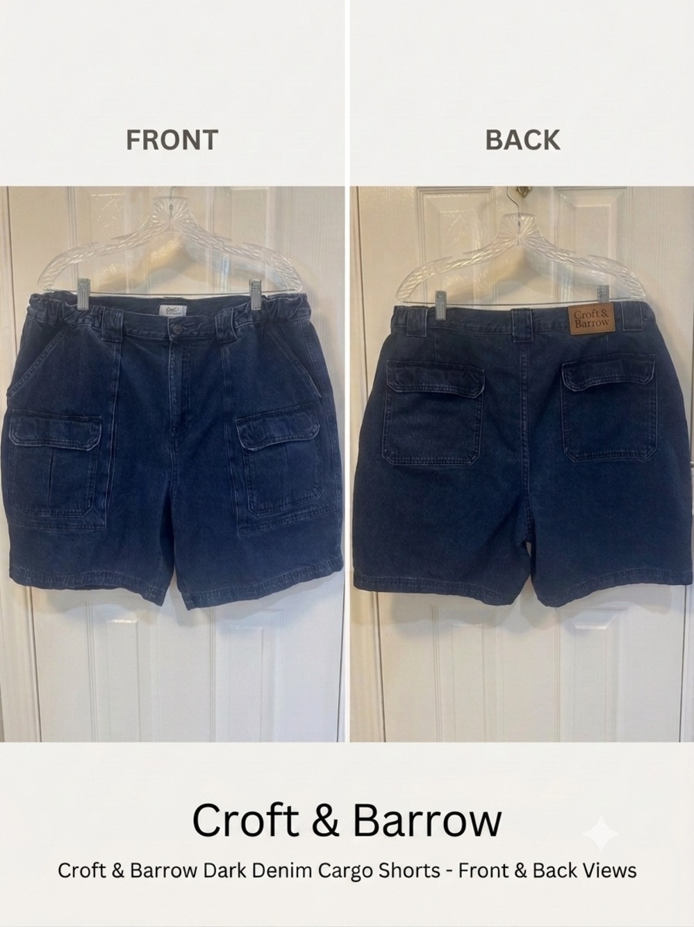 Croft & Barrow Men’s Dark Blue Denim Cargo Shorts Elastic Sides 6 Pockets Sz 38